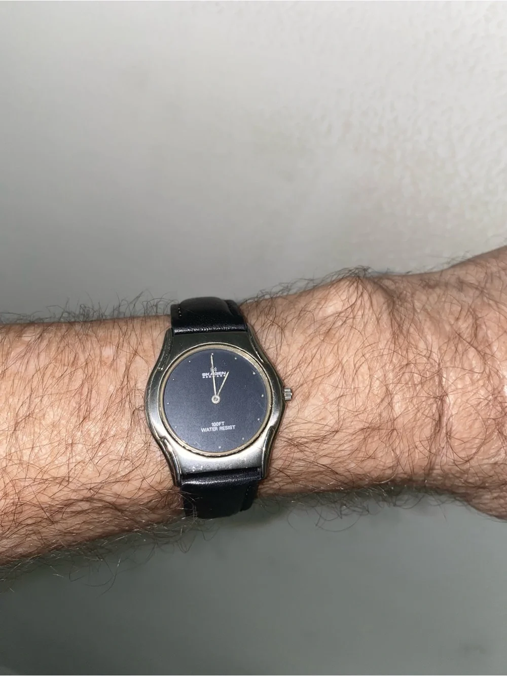 Skagen Unisex Quartz Silver Case Black Dial Watch with Black Leather Strap